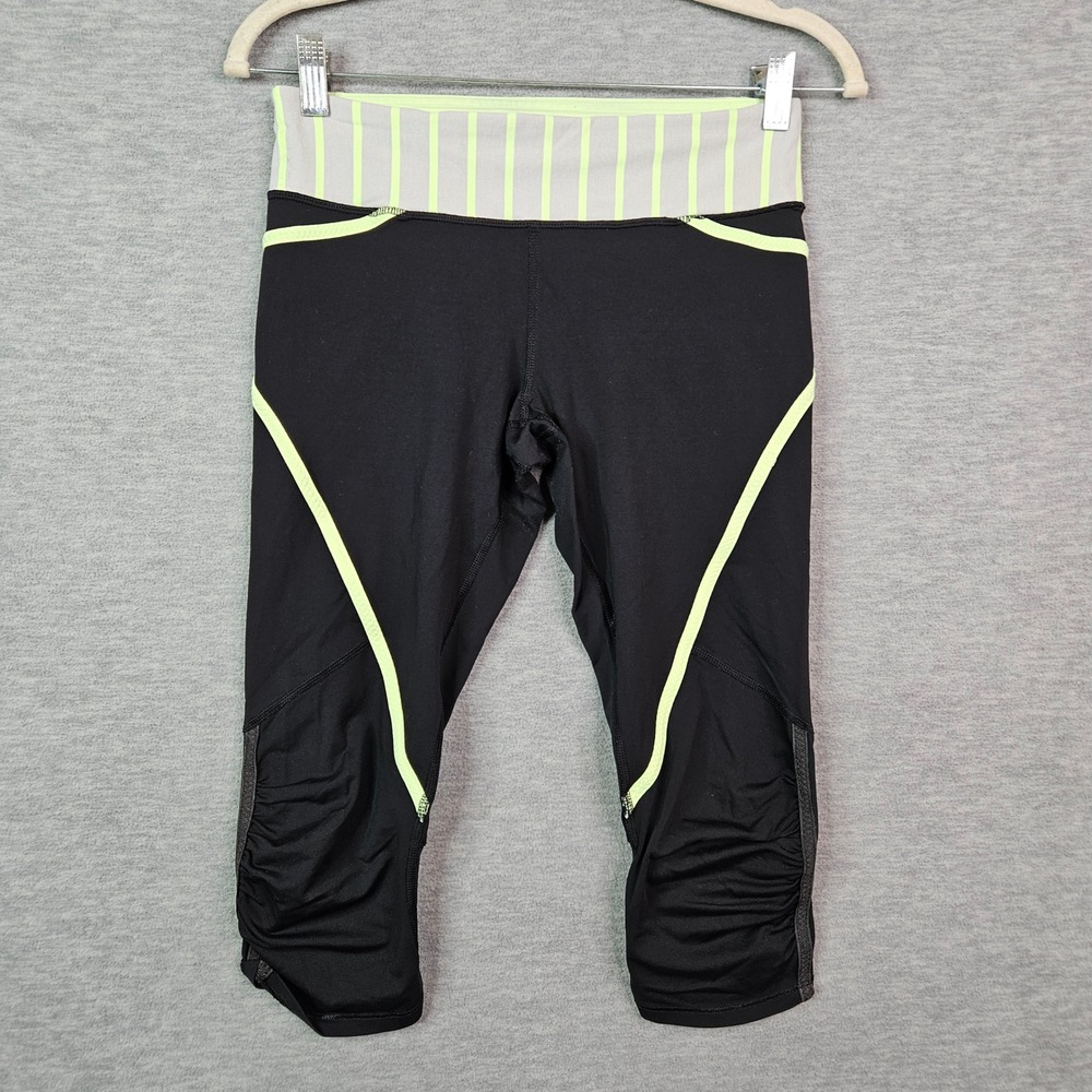 Lululemon Run Inspire Crop II Black Lime Green Striped Leggings Size 6
